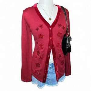 Croft & Barrow Red Velvet-Trim Floral V-Neck Cardigan Vintage Vampy Whimsygoth
